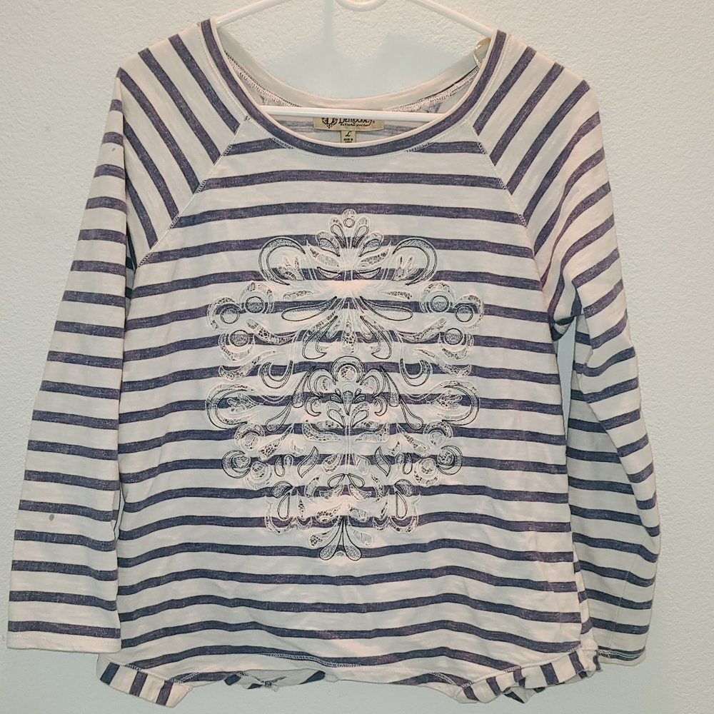 Democracy White and Blue Long Sleeve Tee with Floral Design